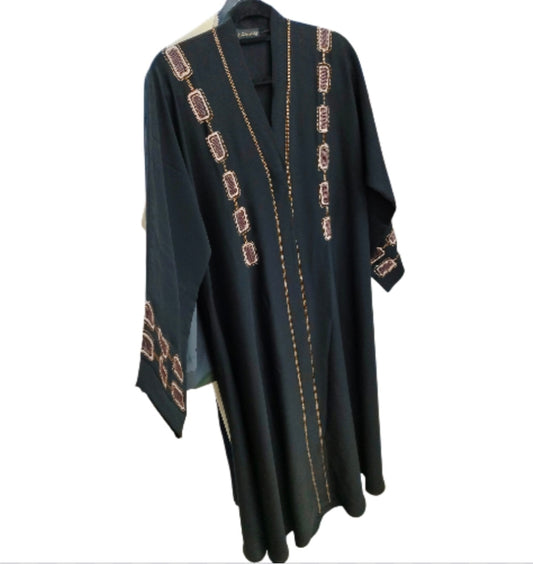 black abaya with embroidery & stones front open for casual and formal wear