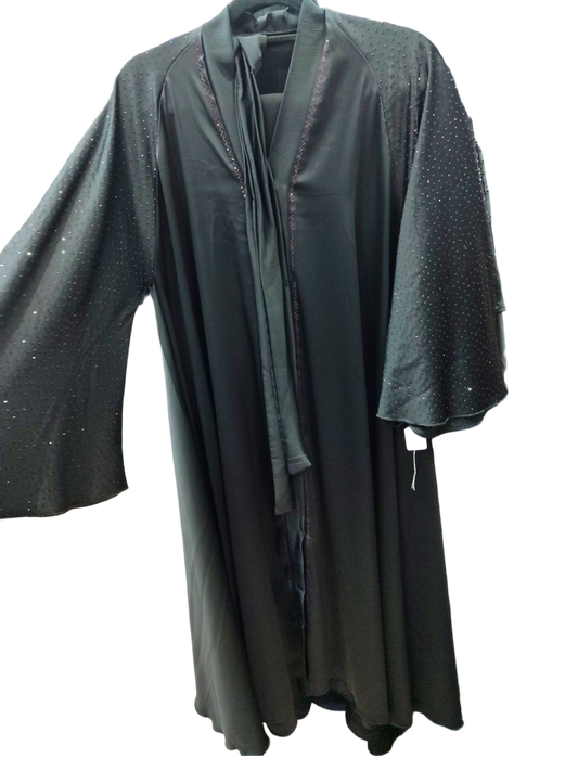 Black front open abaya with elegant pink stones on the sleeves with belt and stroller
