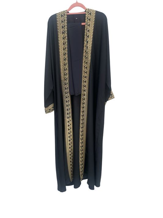 Blue Open Front Abaya with Gold Embroidery – Silk Dubai Abaya, Size 56