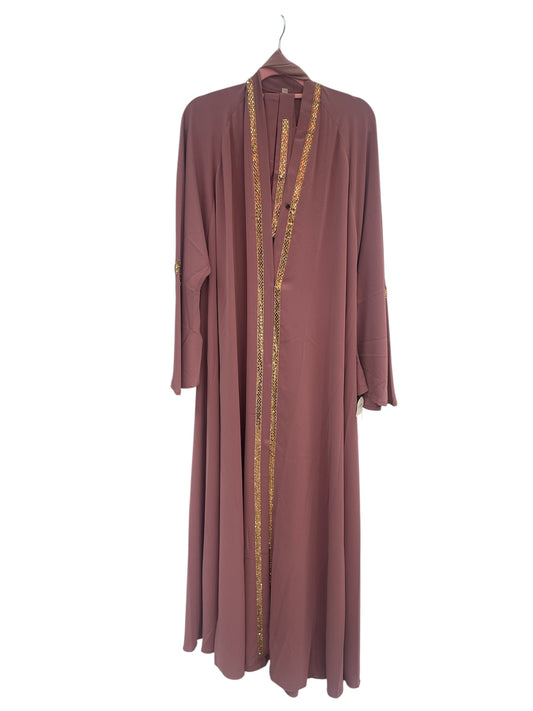 Elegant Rosewood Abaya with Golden Hand Beaded Trim – Size 58
