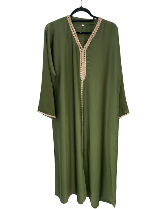 Olive Green Abaya with Cream Braided Trim – Size 56