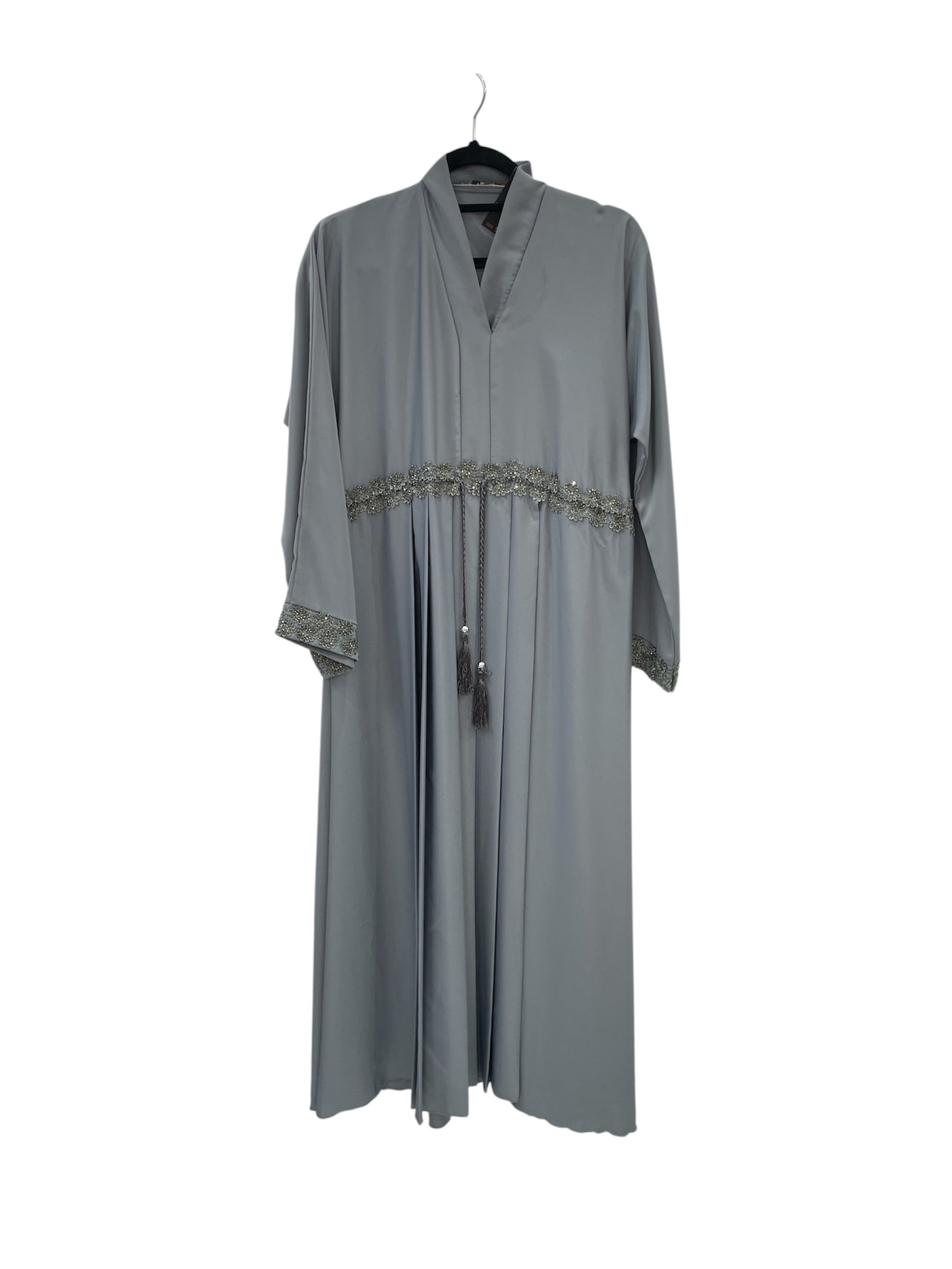 grey abaya with black rhinestones and black drawstrings along the waist