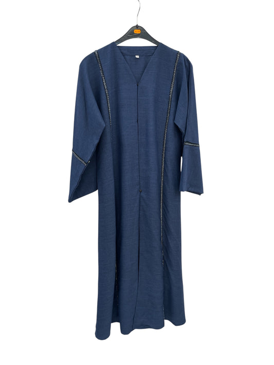 navy blue open abaya with black rhinestones