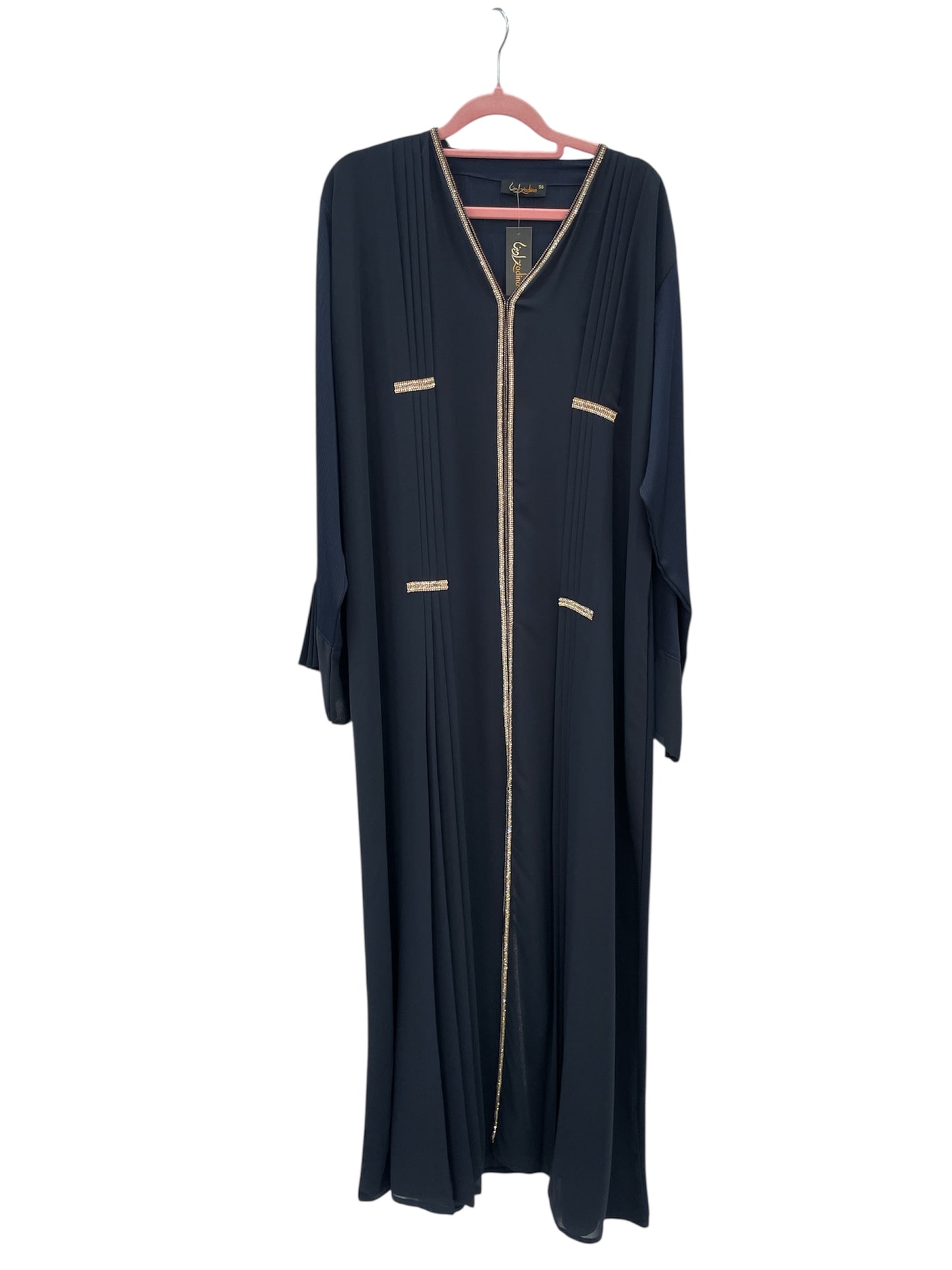 black open abaya with gold rhinestones