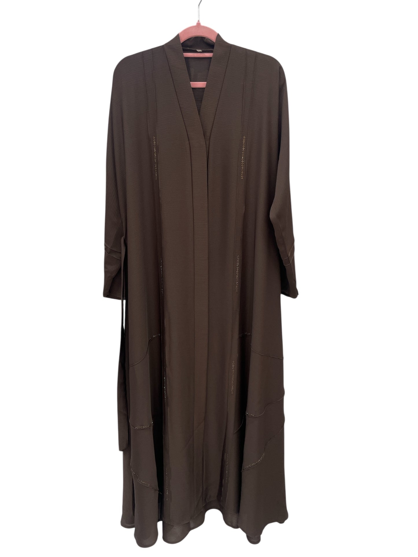 brown open abaya with brown rhinestones going down