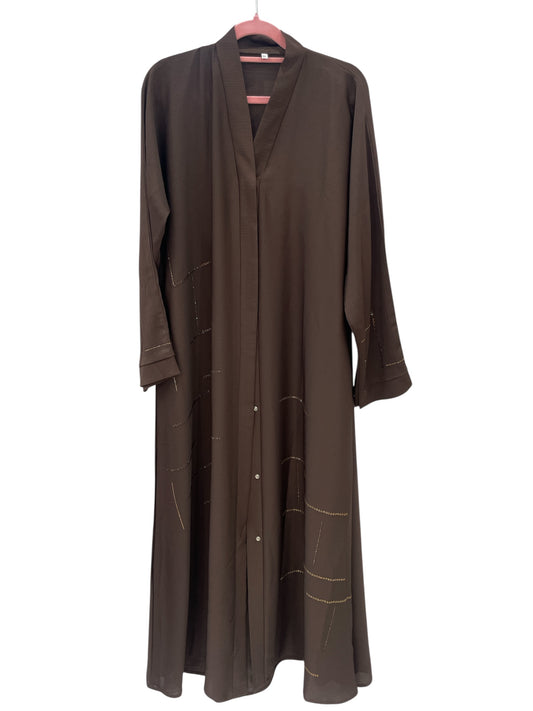 brown open abaya with gold rhinestones
