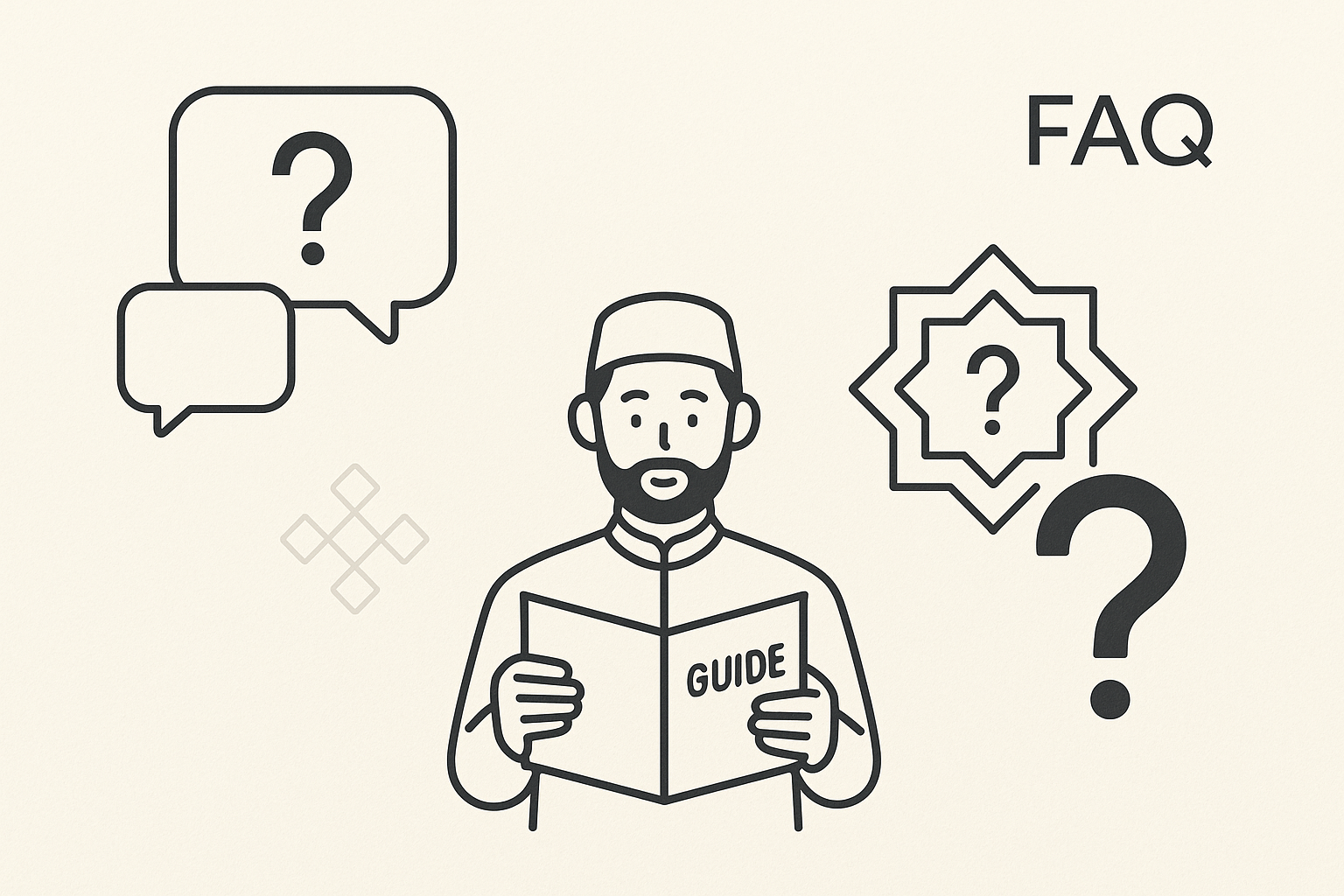 Create a clean, minimal illustration for a FAQ section of a Muslim clothing and perfume brand website. Use an ivory background (#FAFAF6) with charcoal (#2A2A2A) accents. Include friendly icons representing questions, answers, or customer support, such as a speech bubble, question marks, or a person reading a guide. Style is modern, flat design with subtle shadows and elegant typography. Maintain a professional, approachable, and brand-consistent look.