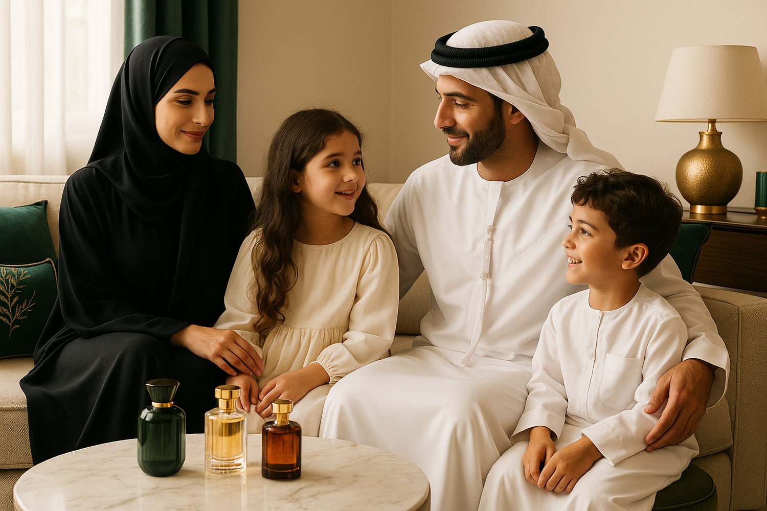 Premium lifestyle photograph of a Muslim family enjoying a refined home setting with subtle luxury accents. Women in abayas, men in thobes, children present. Elegant perfume bottles subtly displayed on a table. Neutral warm cream (#FAF9F6) background, soft natural lighting, deep green (#064420) and gold accents, editorial fashion style, high-resolution, sophisticated mood, cropped for 322 × 391 px.
