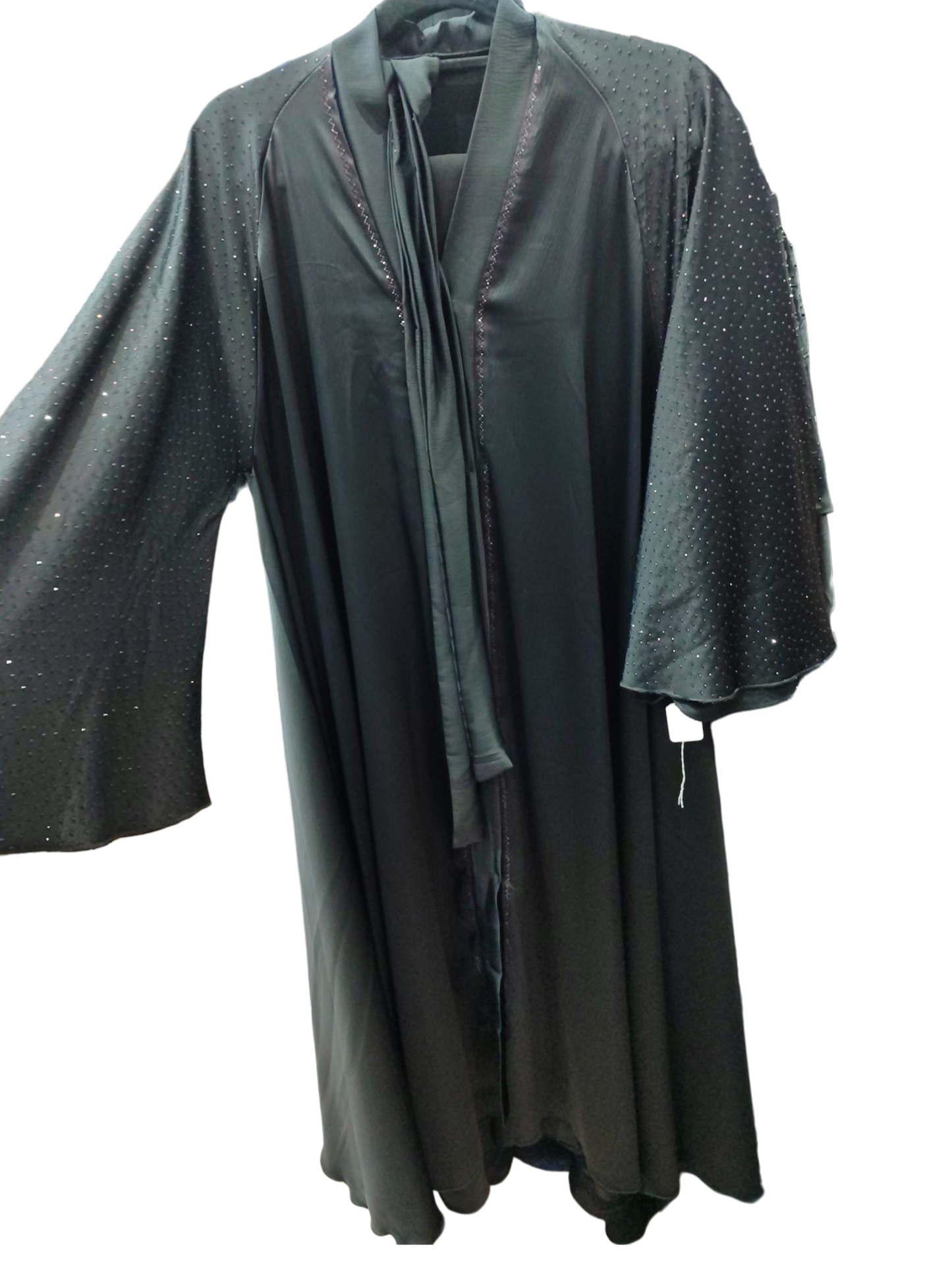 Black front open abaya with elegant pink stones on the sleeves with belt and stroller