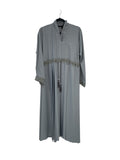 grey abaya with black rhinestones and black drawstrings along the waist