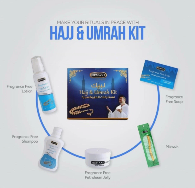 HEMANI Hajj & Umrah Kit 5in1 - Fragrance Free Soap, Gel, Shampoo, Lotion, Miswak