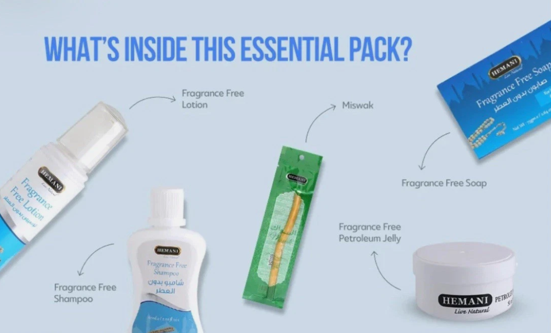 HEMANI Hajj & Umrah Kit 5in1 - Fragrance Free Soap, Gel, Shampoo, Lotion, Miswak