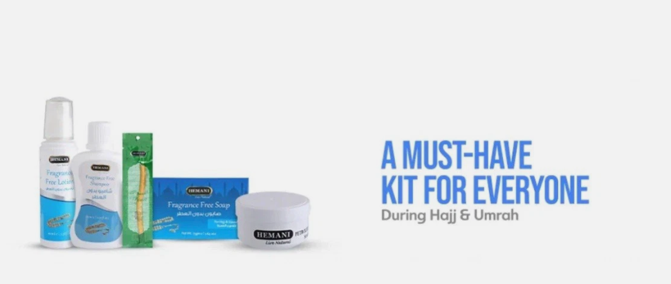 HEMANI Hajj & Umrah Kit 5in1 - Fragrance Free Soap, Gel, Shampoo, Lotion, Miswak