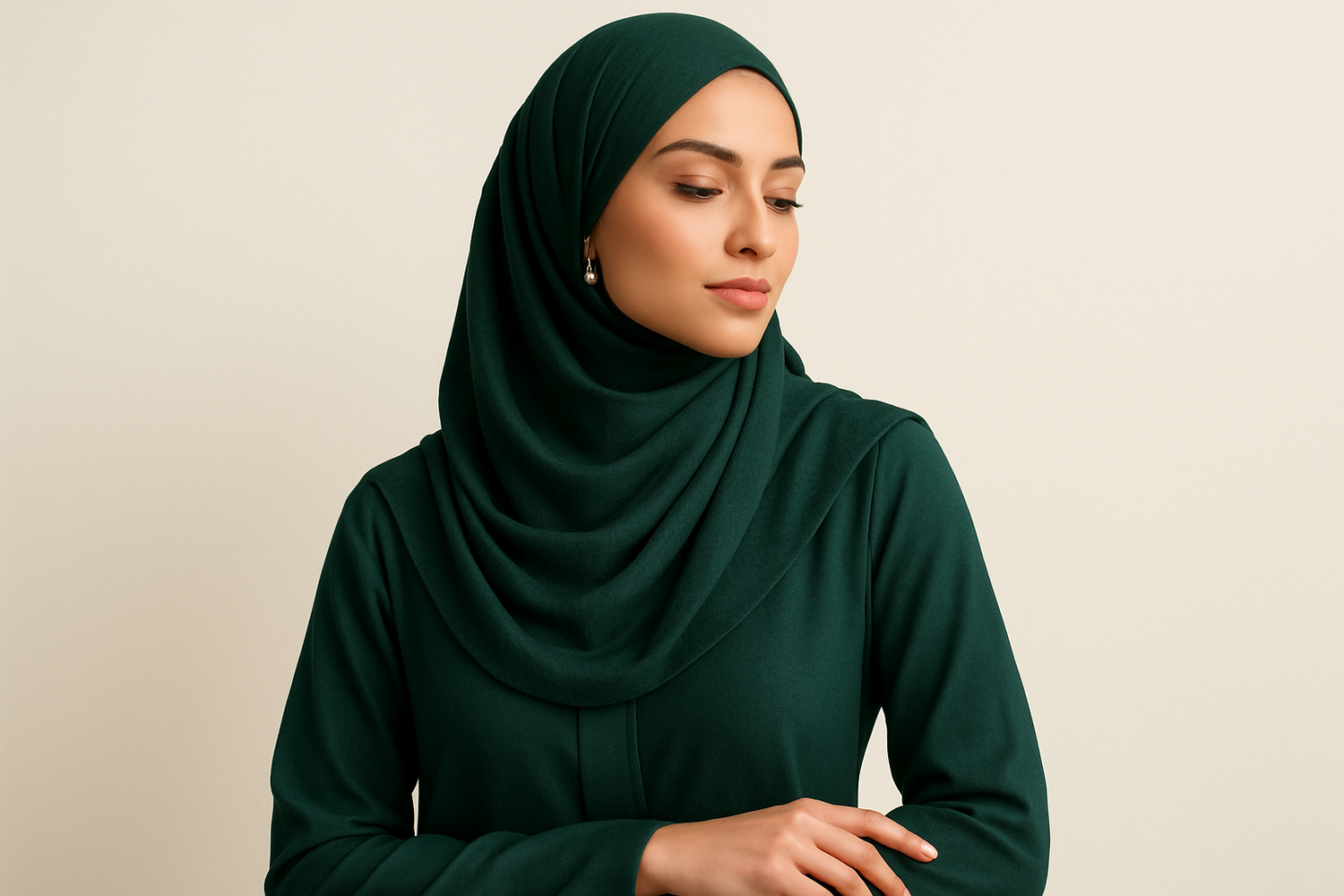 A graceful young Muslim woman wearing a stylish hijab, photographed in a modern modest fashion photoshoot. The color theme is deep green with a soft #FAF9F6 background. Elegant fabric textures, minimal gold accents, clean lighting, premium e-commerce look.