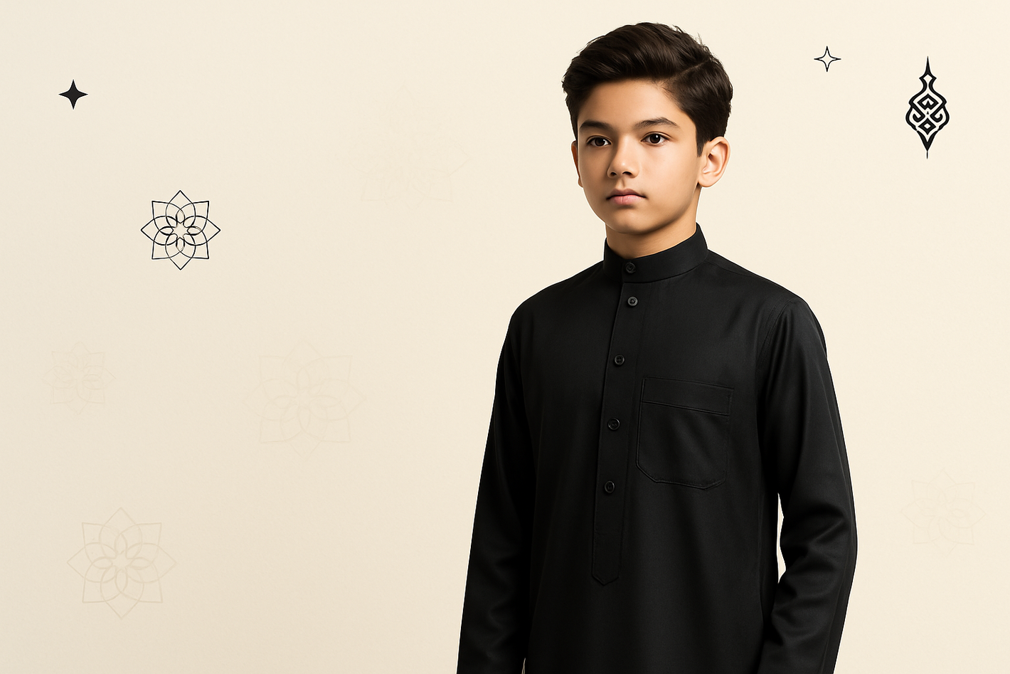 A premium fashion photo for a Boys Collection in a Muslim clothing brand. A young boy wearing a stylish black thobe, standing on the right side of the frame, leaving clean space on the left. The background is soft #FAF9F6 with subtle black accents and delicate Islamic geometric patterns. Minimal, elegant e-commerce photography style, no text overlay in the image.