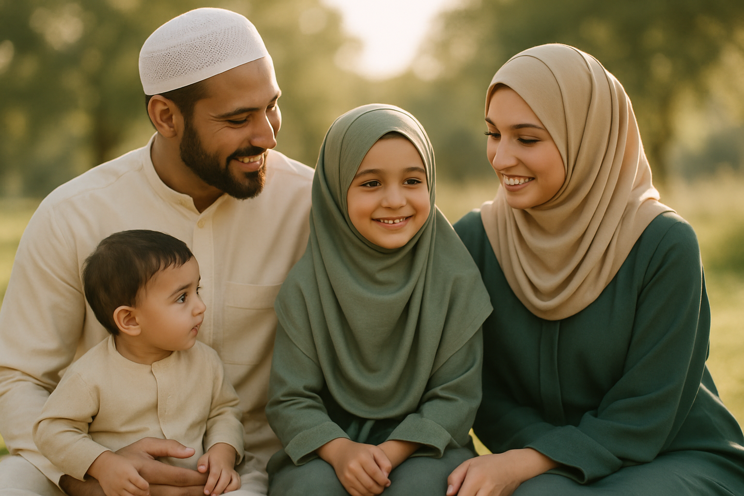 A warm and serene family scene: a modestly dressed Muslim family outdoors, wearing elegant green and beige-toned abayas and thobes. Natural light, soft focus, luxury lifestyle photography style.