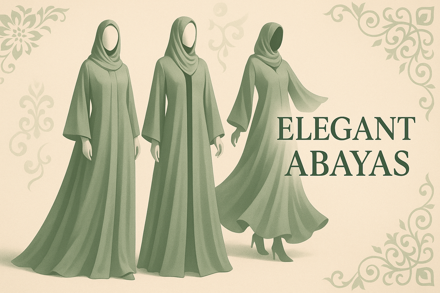 Elegant abayas fashion banner, beige background with subtle green floral/arabesque accents, mannequins or silhouettes in flowing abayas, modern green typography, soft shadows, luxury minimalist style