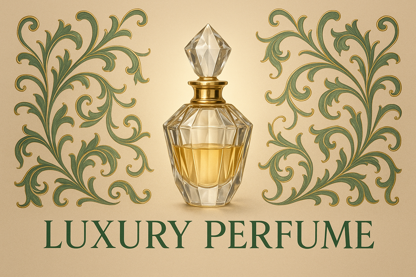 Luxury perfume showcase with a crystal bottle at the center, beige background, green ornamental swirls or arabesque motifs, golden highlights for elegance, refined green text, soft glow behind the bottle for depth
