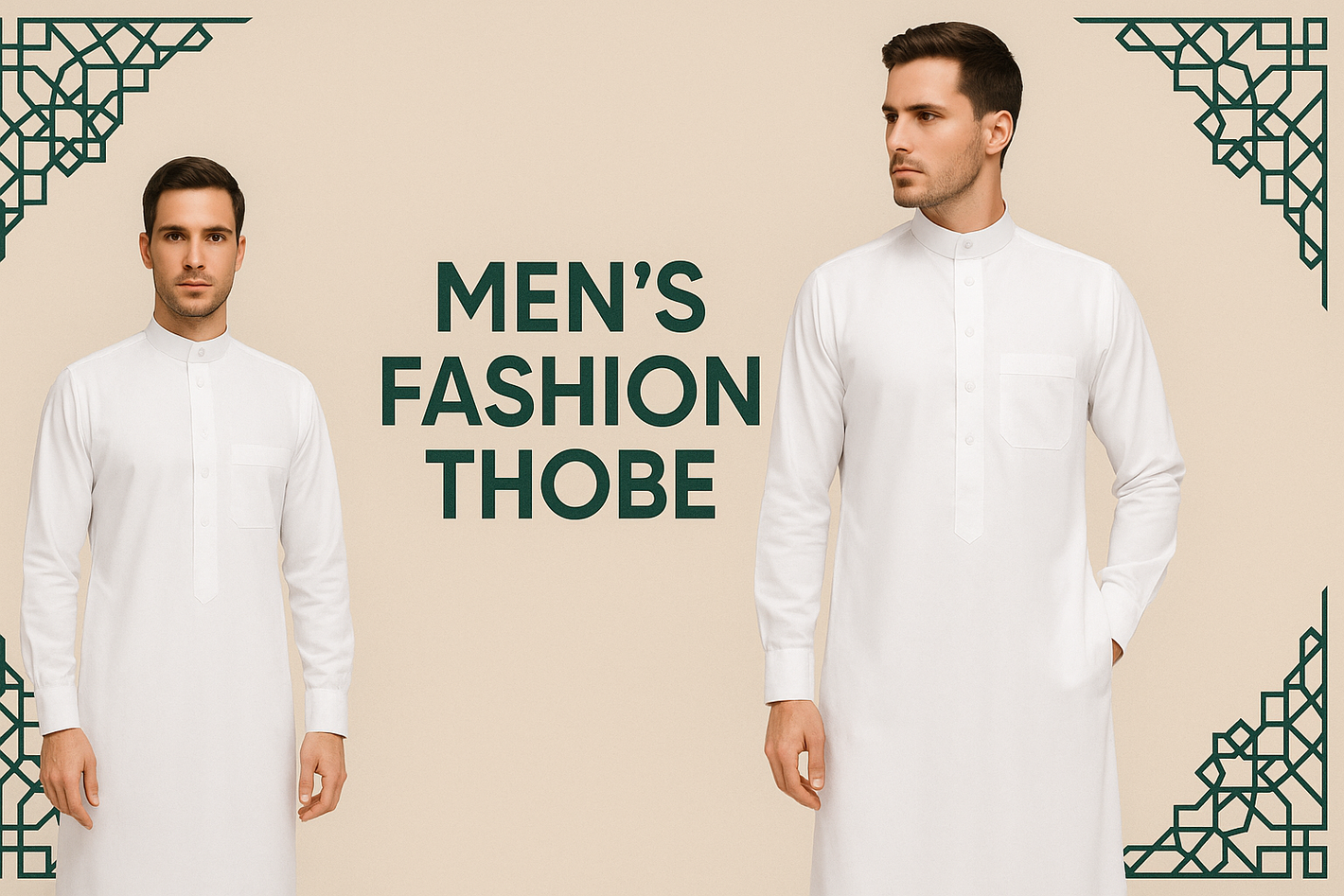 Men’s fashion thobe banner, beige background, green geometric or arabesque border accents, clean and sharp layout, models or mannequins in white thobes, bold green heading text, minimal and modern aesthetic.